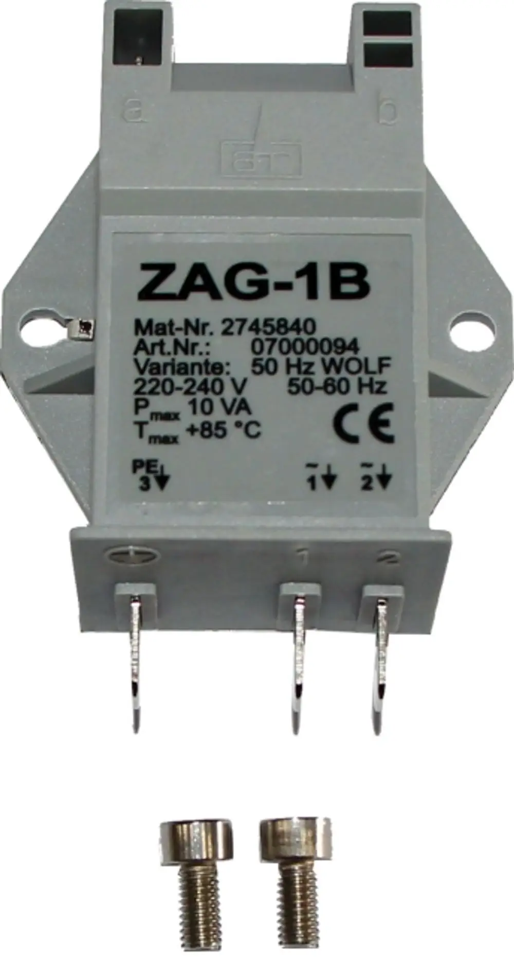 Zündtrafo von Wolf, 1-polig, mit Anschlussklemmen, für elektrische Anwendungen. Gerät beschriftet mit technischen Daten und CE-Zeichen. Zwei Schrauben liegen bei.